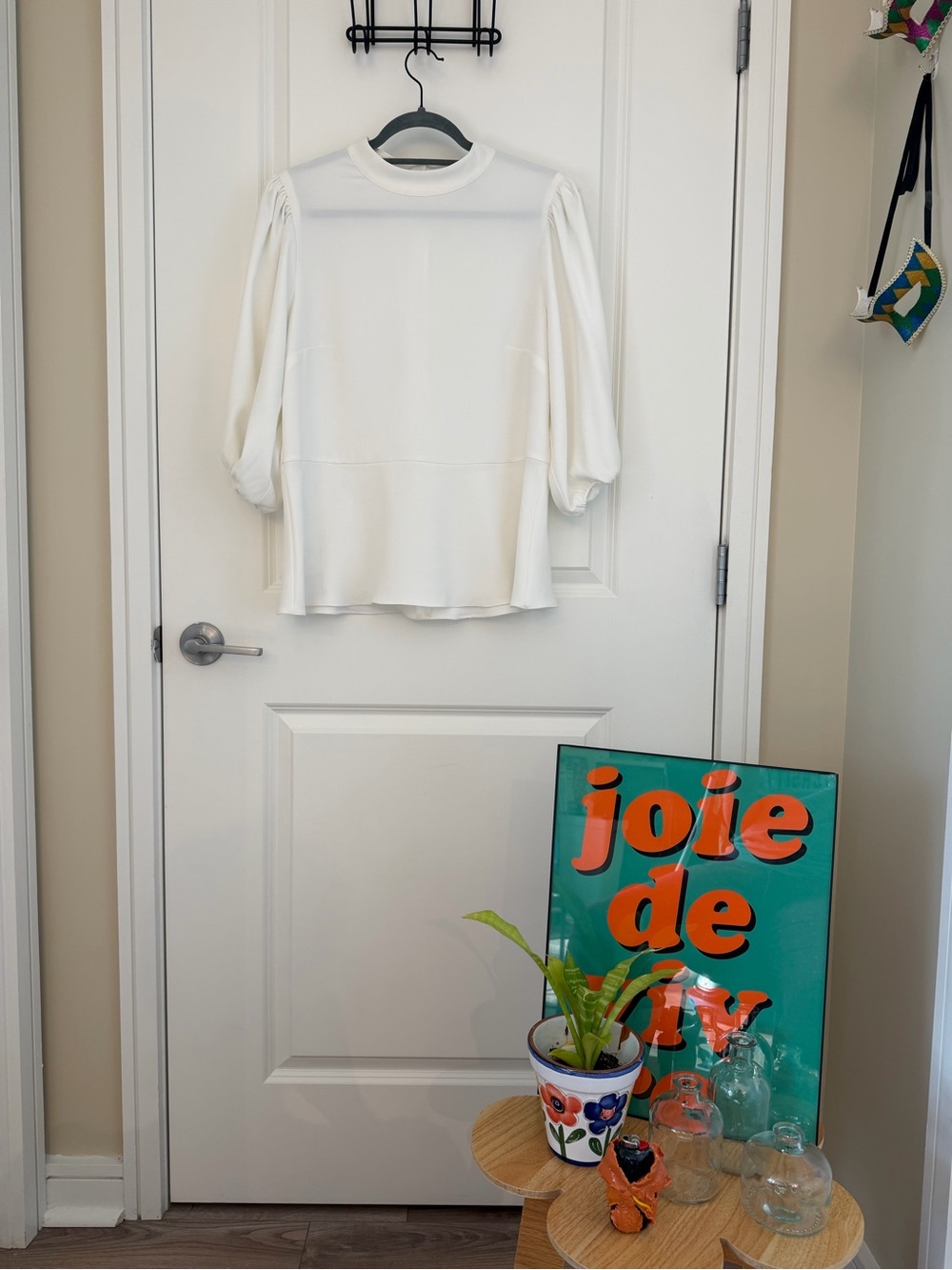 Camilla White Puff-Sleeve High-Neck Blouse